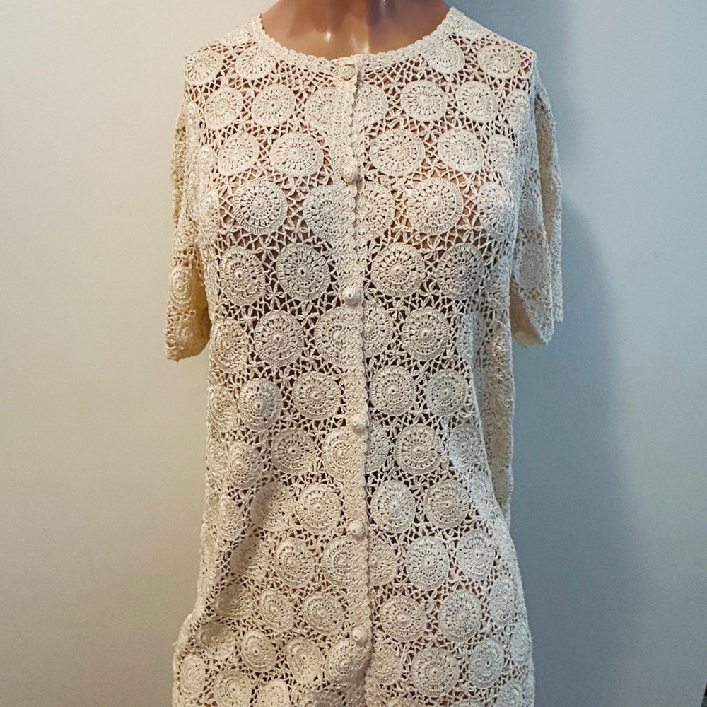 Vintage Cream Crochet Button-Front Cardigan
